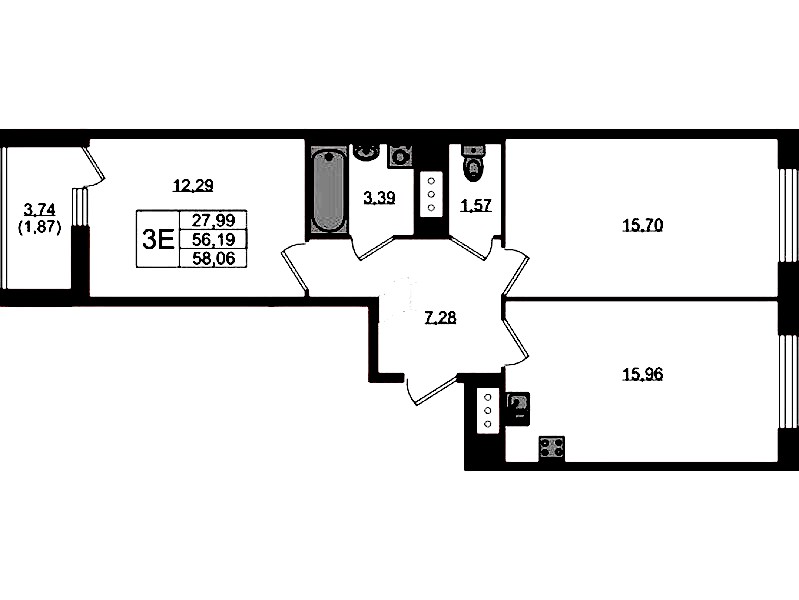 2-комнатная квартира 58.06 м², 7/10 эт., ЖК «UP! Квартал Новый Московский»